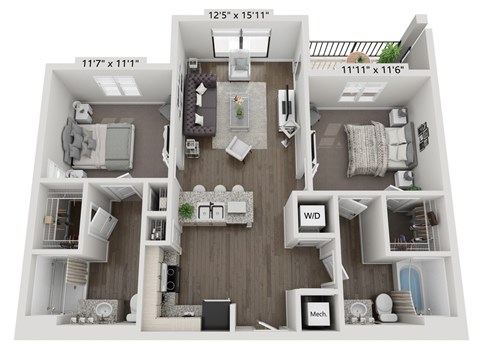 Floor plan for 2 beds, 2 baths, 891 sqft